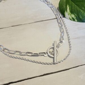 Double Chain Silver Paperclip Chain W Front Toggle Closure & Rope Chain Necklace